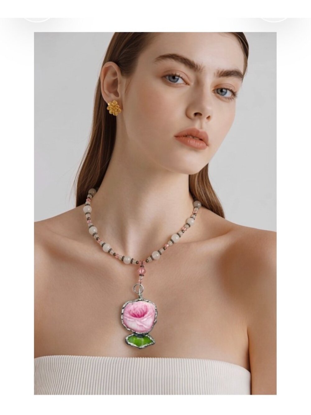 Pink Rose Broken China & Sea Glass Pendant | Pink Quartz Necklace | Alma Antigua